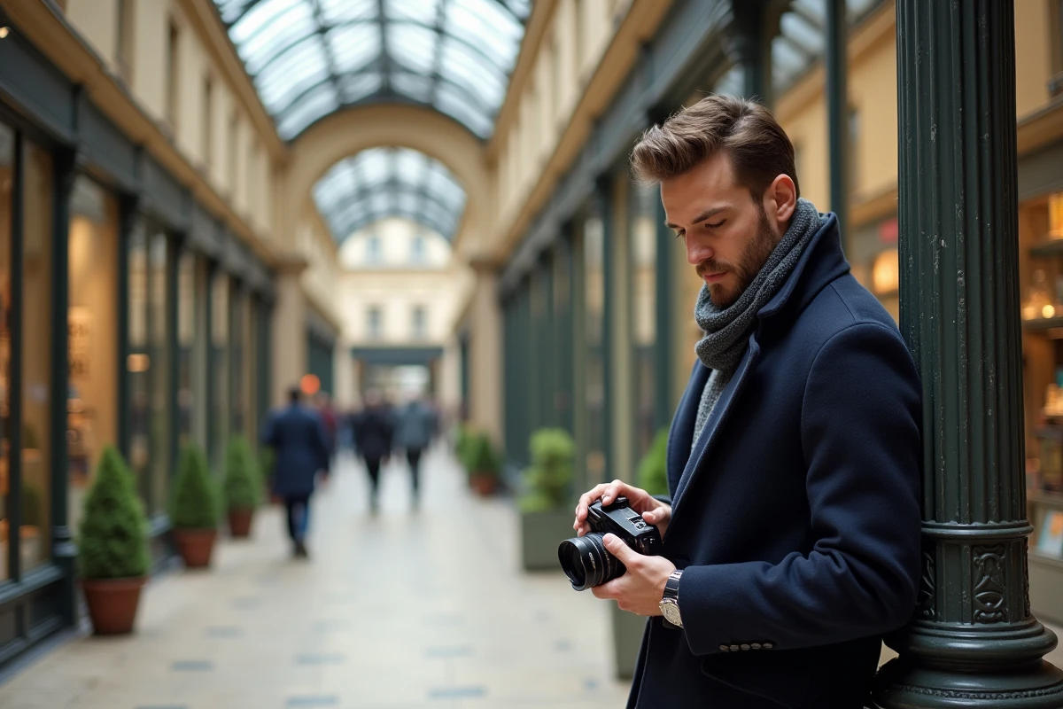 Jeune homme avec appareil photo dans la galerie Vivienne