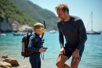 Jeune garçon en combinaison de plongée vérifiant son équipement avec un instructeur