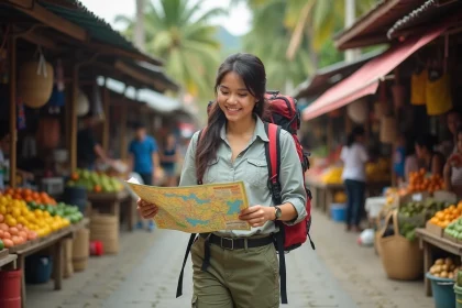 Jeune femme backpacker consulte une carte dans un marché coloré de Mindanao