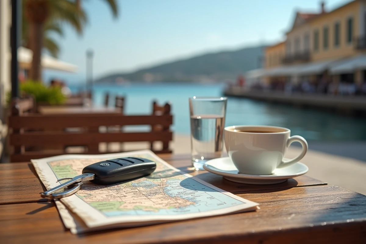 Clé de voiture de location et carte routière sur une table de café à Kalamata avec vue sur le front de mer