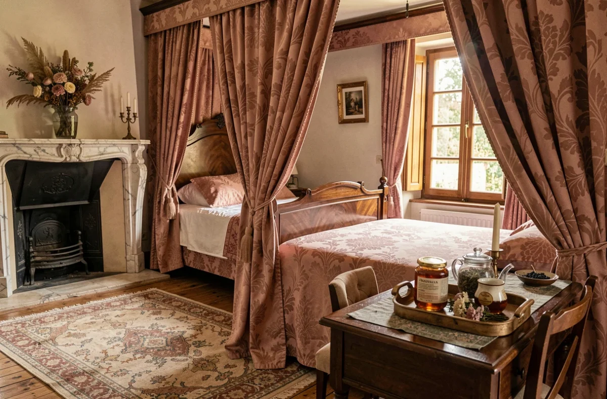 Chambre d'hôtes à baldaquin de La Maison du Crieur à Surgères avec cheminée en marbre, parquet en chêne et mobilier ancien