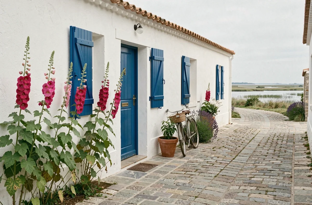 Façade blanche typique de La Maison du Fief à Ars-en-Ré avec volets bleus, roses trémières et ruelle pavée de l'île de Ré