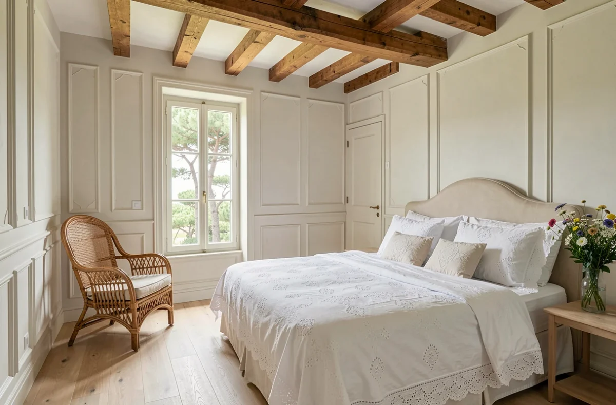 Chambre d'hôtes élégante de La Norélie à Saint-Sulpice-de-Royan avec poutres apparentes, linge blanc et vue sur les pins atlantiques