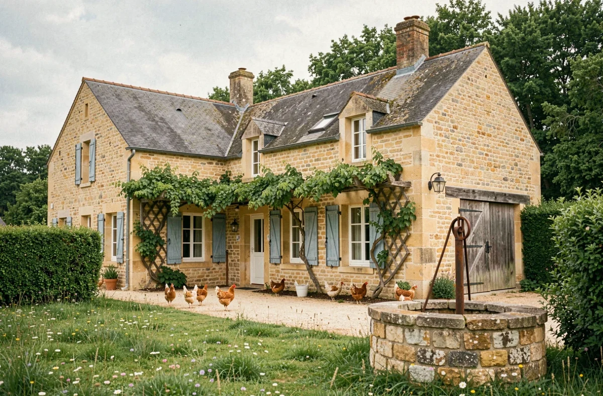 Façade en pierre charentaise de La Pastorale à Beurlay avec volets bleus, vigne vierge et prairie fleurie en arrière-plan