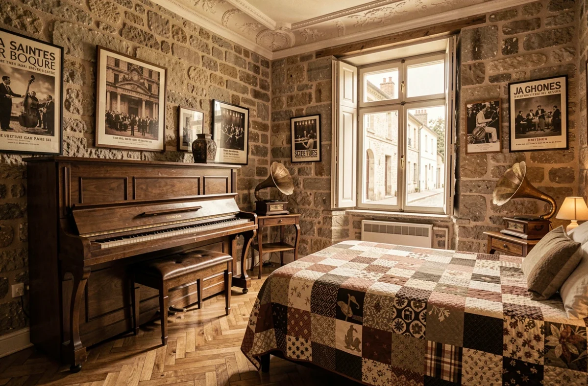 Chambre musicale du Clos des Music'Halles à Saintes avec piano droit, affiches de music-hall vintage et gramophone antique sur parquet ancien