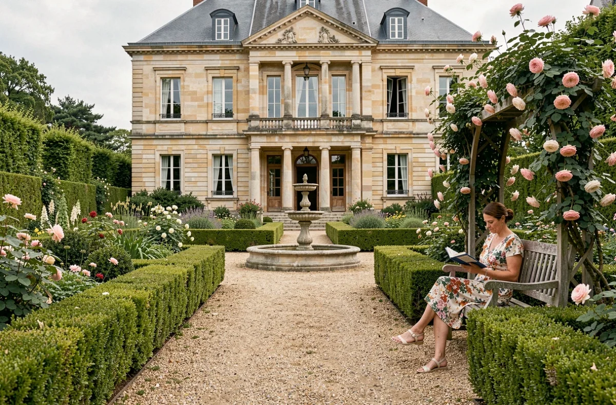 Jardin à la française des Jardins de Rochefort avec allée de buis, fontaine en pierre et façade néoclassique de la maison d'hôtes