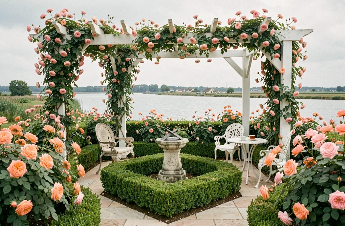 Terrasse fleurie du Logis des Lauriers Roses à Marennes avec rosiers en fleurs, parterre de buis et vue sur l'estuaire de la Seudre