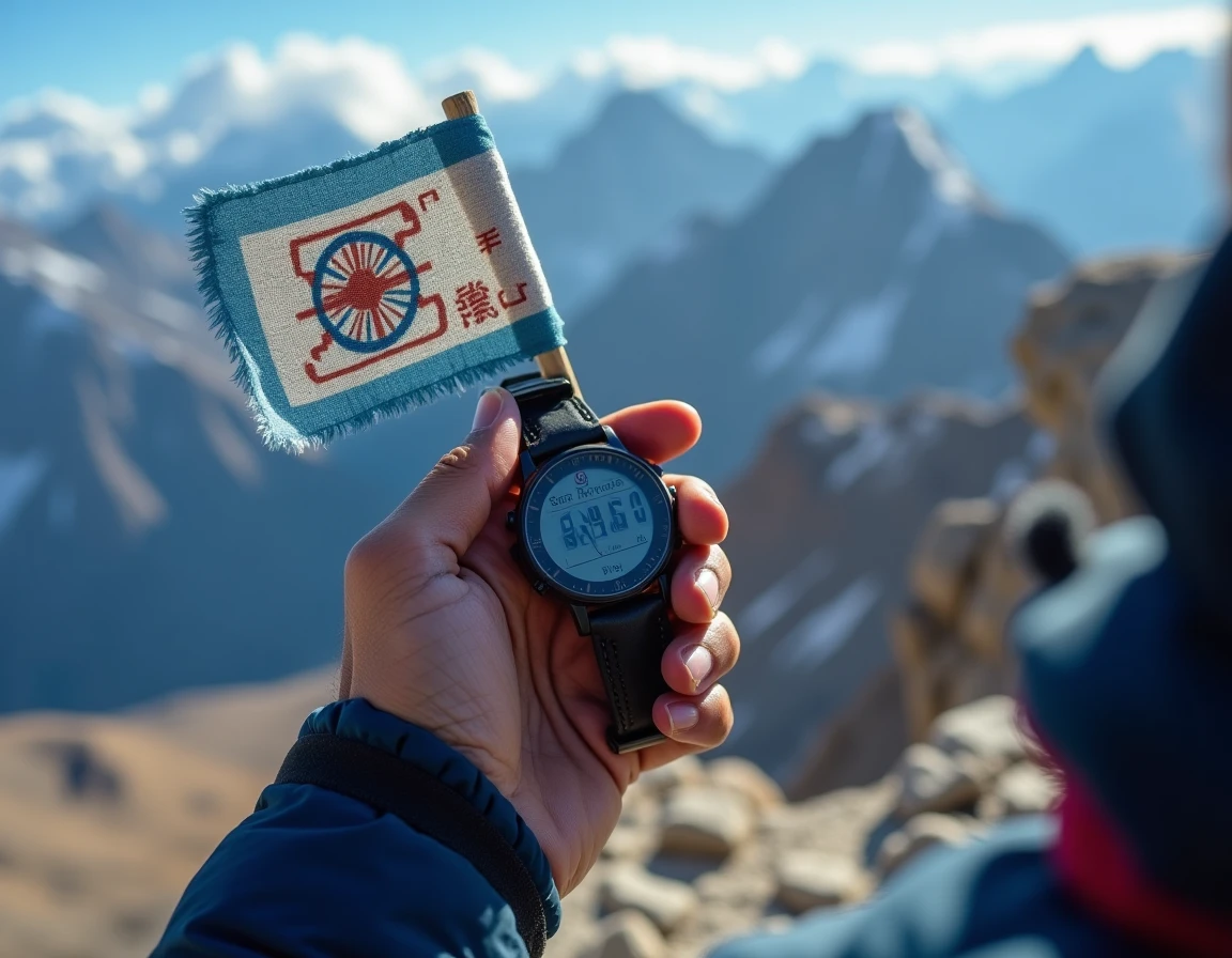 Mains d'un guide sherpa tenant un drapeau de prière tibétain et un altimètre à plus de 8000 mètres d'altitude