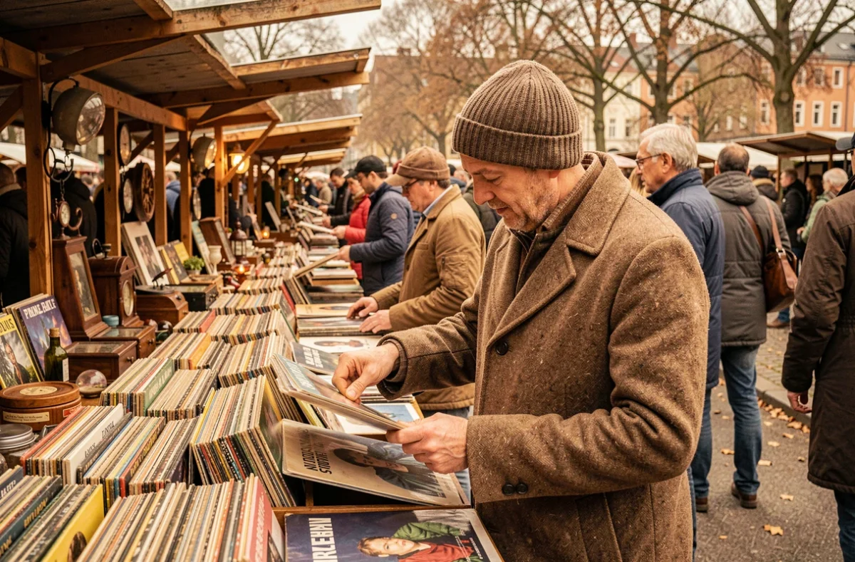 Homme fouillant les vinyles d'un stand au marché aux puces du Mauerpark à Berlin