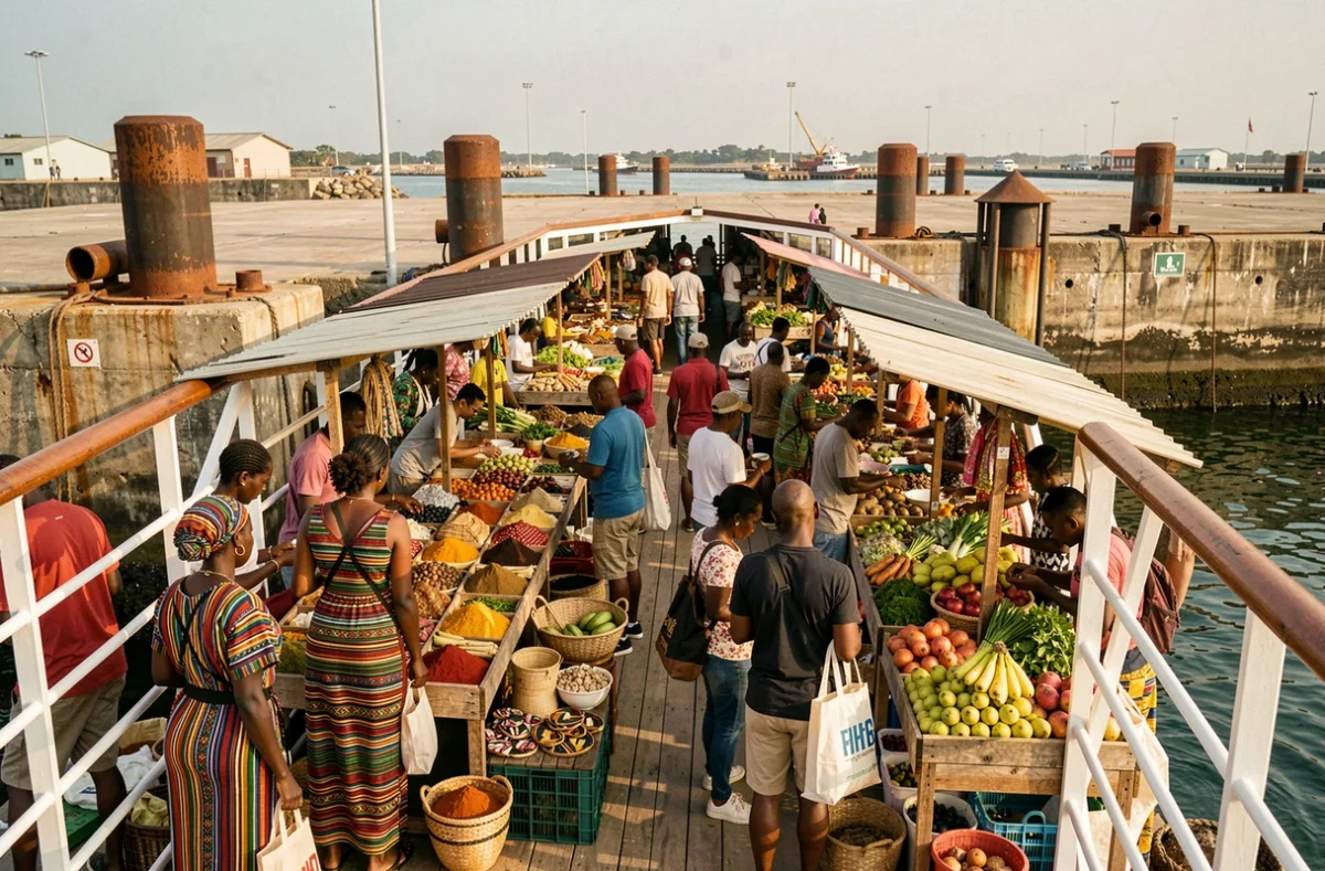 Marché portuaire africain animé avec des voyageurs de croisière découvrant les produits locaux artisanaux