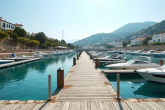 Marina vide de Porto Cervo en hors-saison avec docks déserts et eaux turquoise calmes en Sardaigne