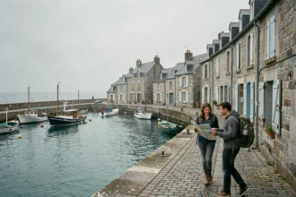 Couple de voyageurs explorant un port breton typique avec bateaux de pêche et maisons en granit