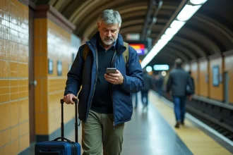 Voyageur avec valise dans le métro de Madrid consultant son téléphone sur le quai
