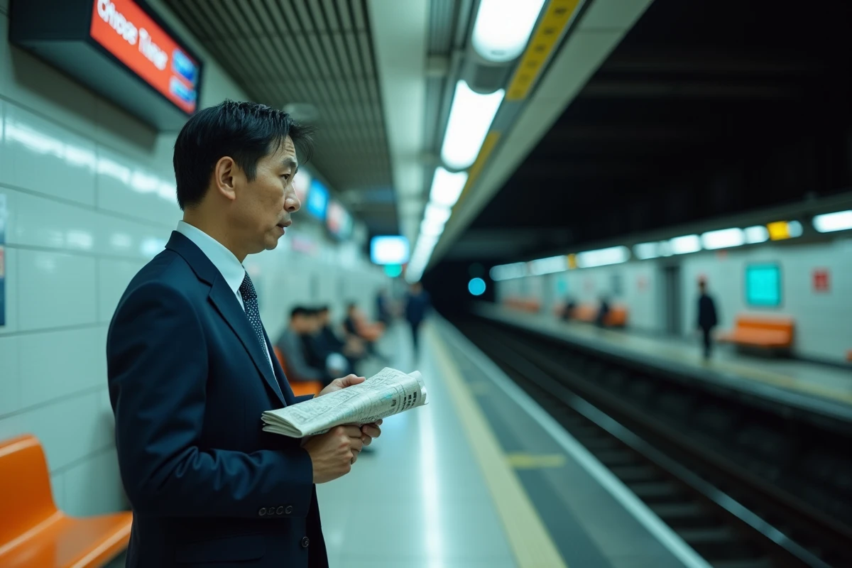 Homme en costume dans une station de métro de Tokyo la nuit, consultant un plan de train sur un quai presque désert