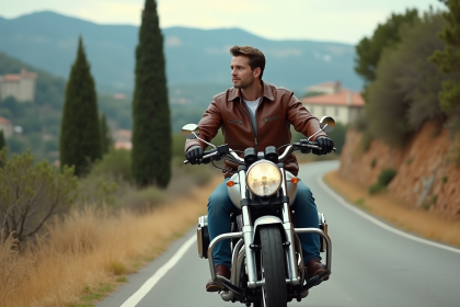 Homme en moto sur une route varoise avec paysage