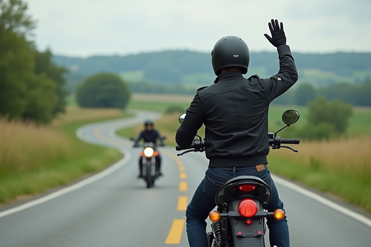 Homme en moto de tourisme saluant sur route rurale