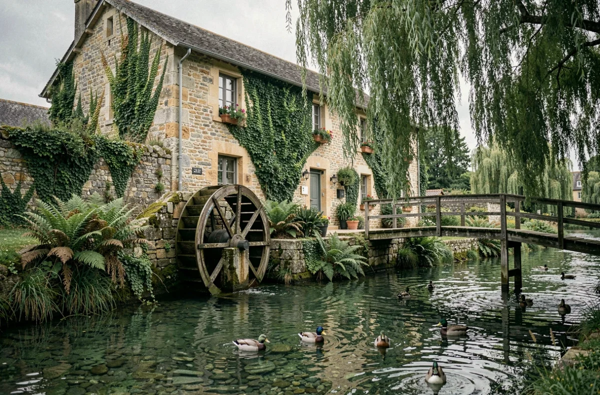 Moulin de Châlons à Saint-Simon-de-Bordes avec sa roue à aubes en bois, le cours d'eau et les saules pleureurs reflétés dans l'eau calme