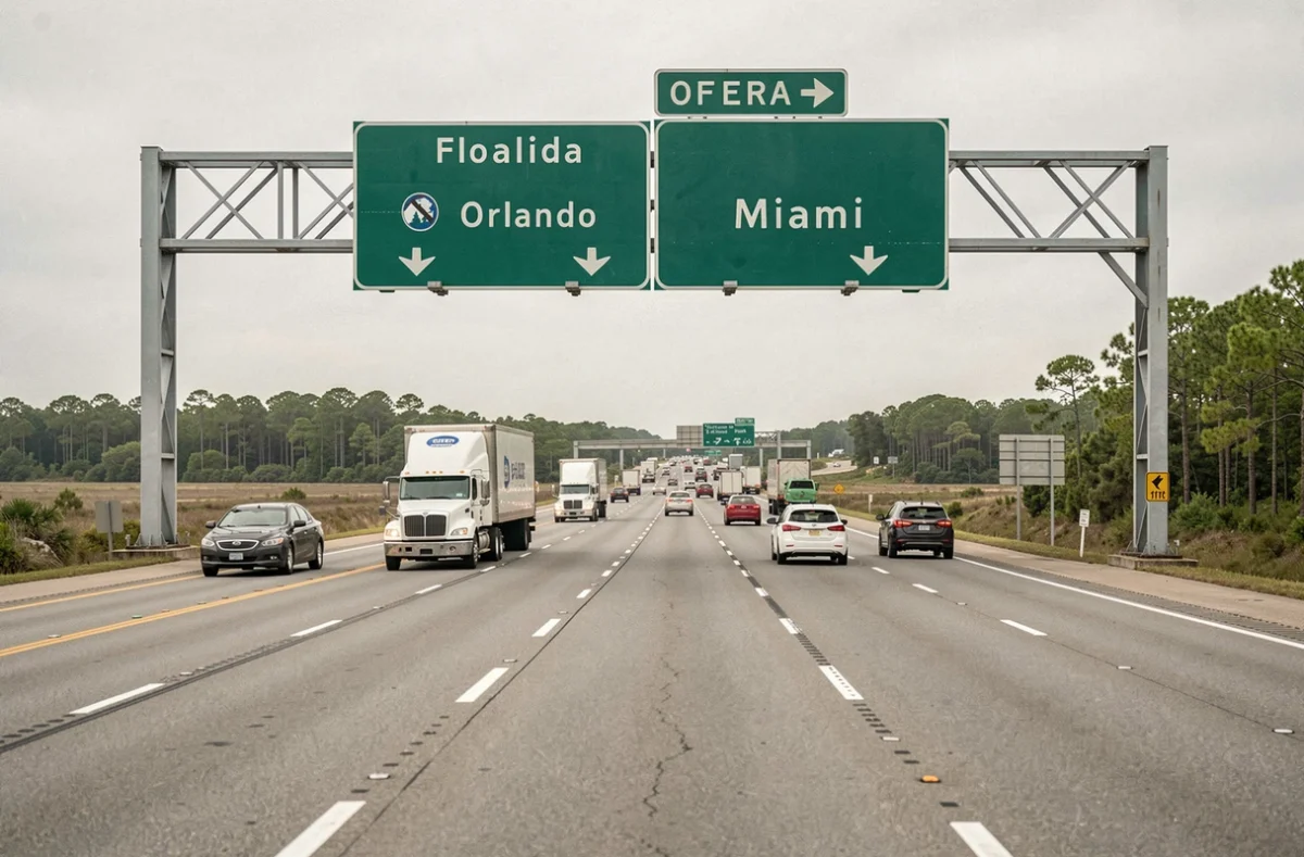 Panneau autoroutier Florida indiquant les distances en miles vers Orlando et Miami sur l'I-4