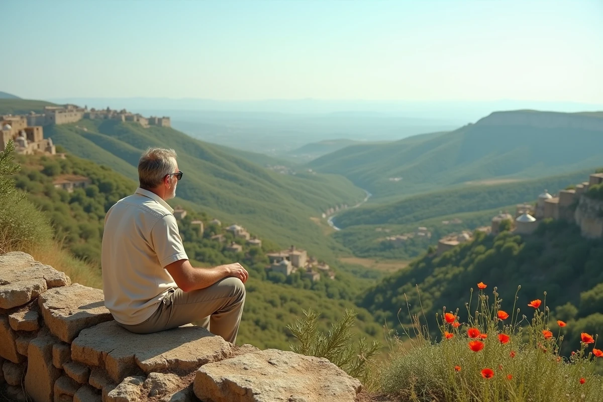 Homme assis sur un muret de pierre contemplant le panorama de la Vallée d'Itria avec trulli et oliveraies, Pouilles Italie