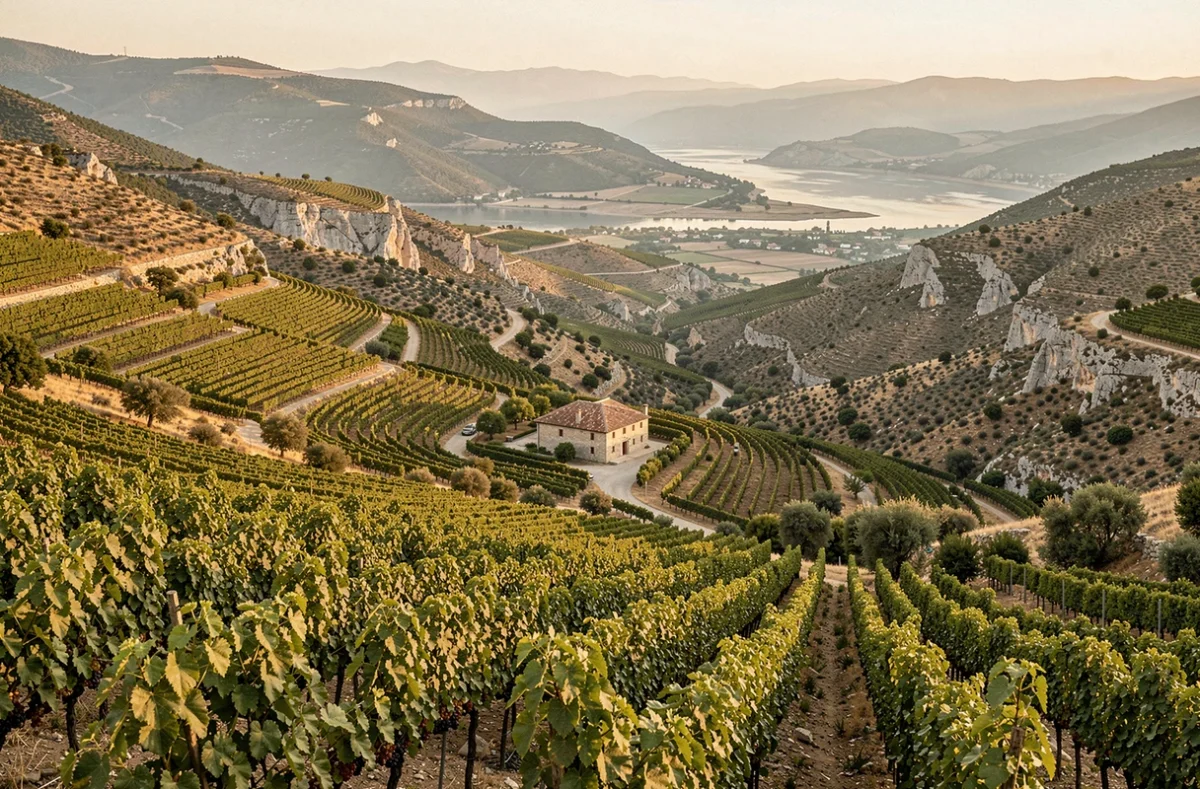Vue panoramique des vignobles en terrasses de la vallée de Tikveš en Macédoine du Nord