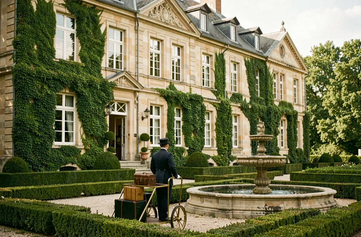 Façade classique du Parc Hôtel à Obernai avec son jardin à la française, sa fontaine en pierre et son lierre grimpant