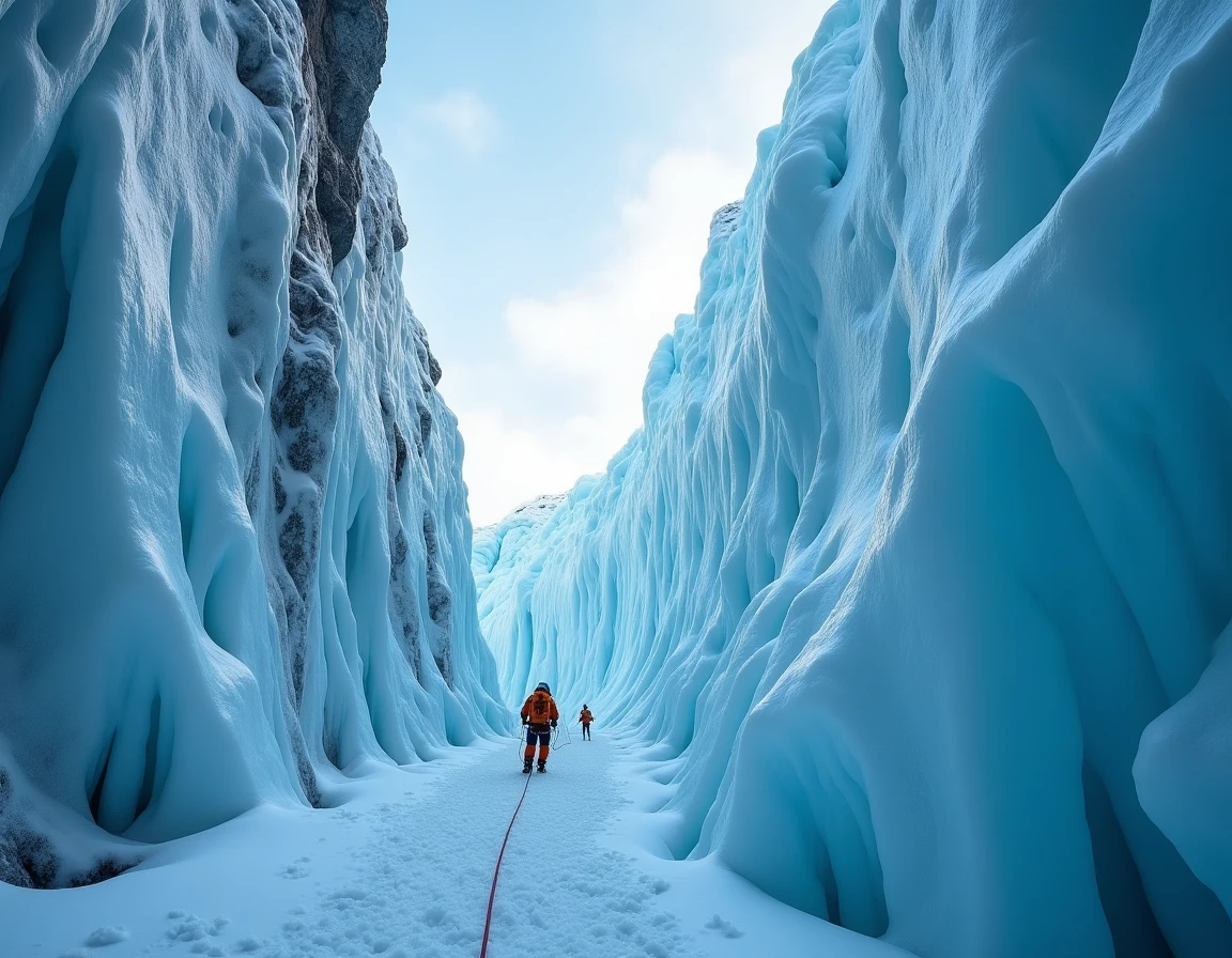 Paroi glaciaire imposante de l'Everest vue du bas avec un alpiniste en combinaison orange progressant sur une corde fixe