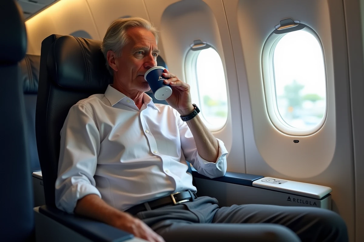 Passager francophone satisfait installé en classe Delta Comfort+ savourant une boisson pendant le vol