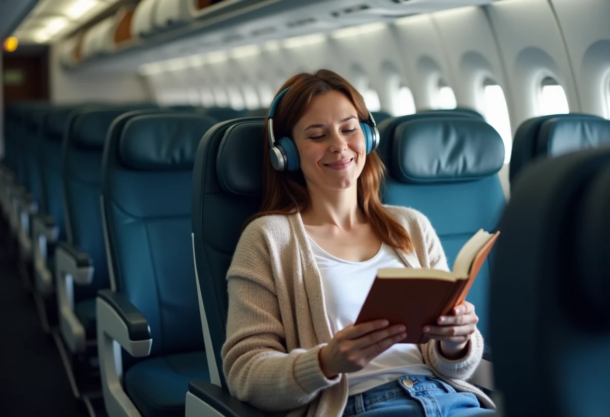 Femme détendue lisant dans un avion moderne