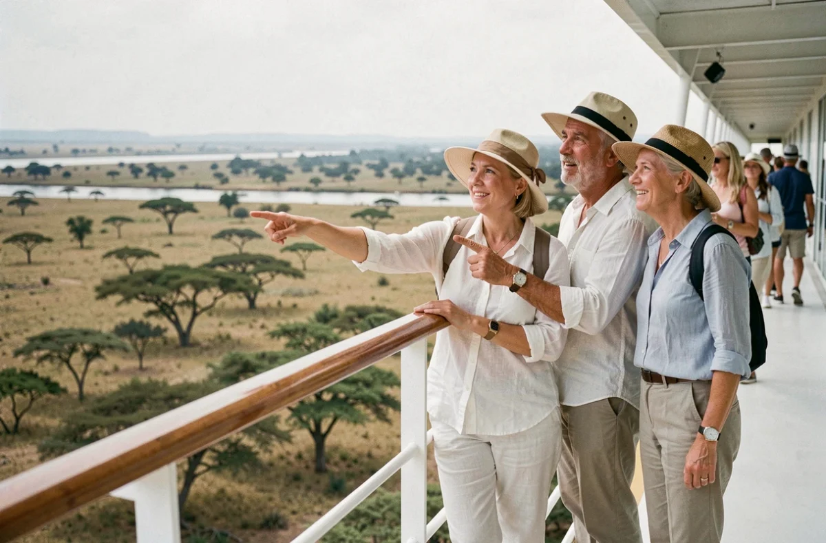 Voyageurs adultes observant le paysage africain depuis le pont d'un bateau de croisière