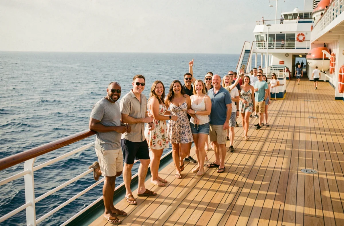 Des passagers profitent du pont promenade d'un grand paquebot de croisière en mer