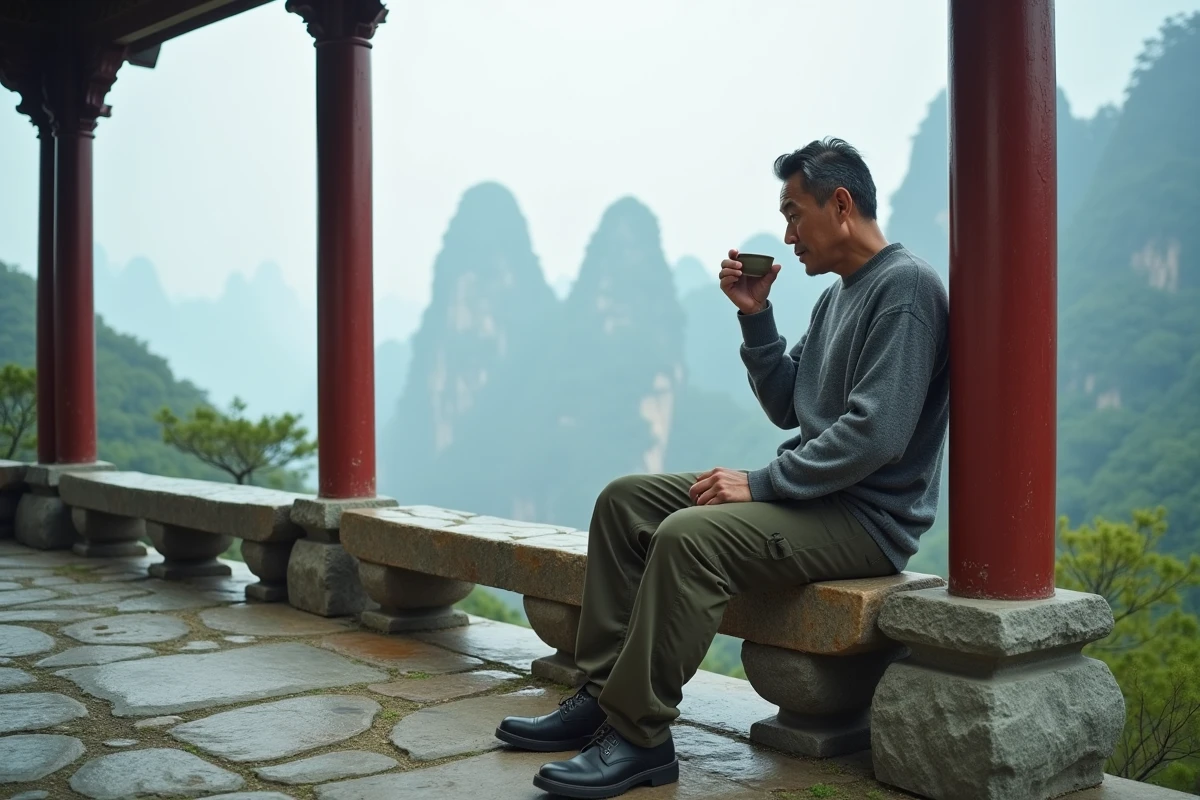 Voyageur au repos dans un pavillon traditionnel de Tianmen Mountain avec panorama sur les montagnes brumeuses de Zhangjiajie