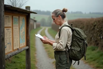 Pèlerine consultant un panneau d'information sur le chemin de Compostelle en Normandie près de l'Abbaye de Valmont