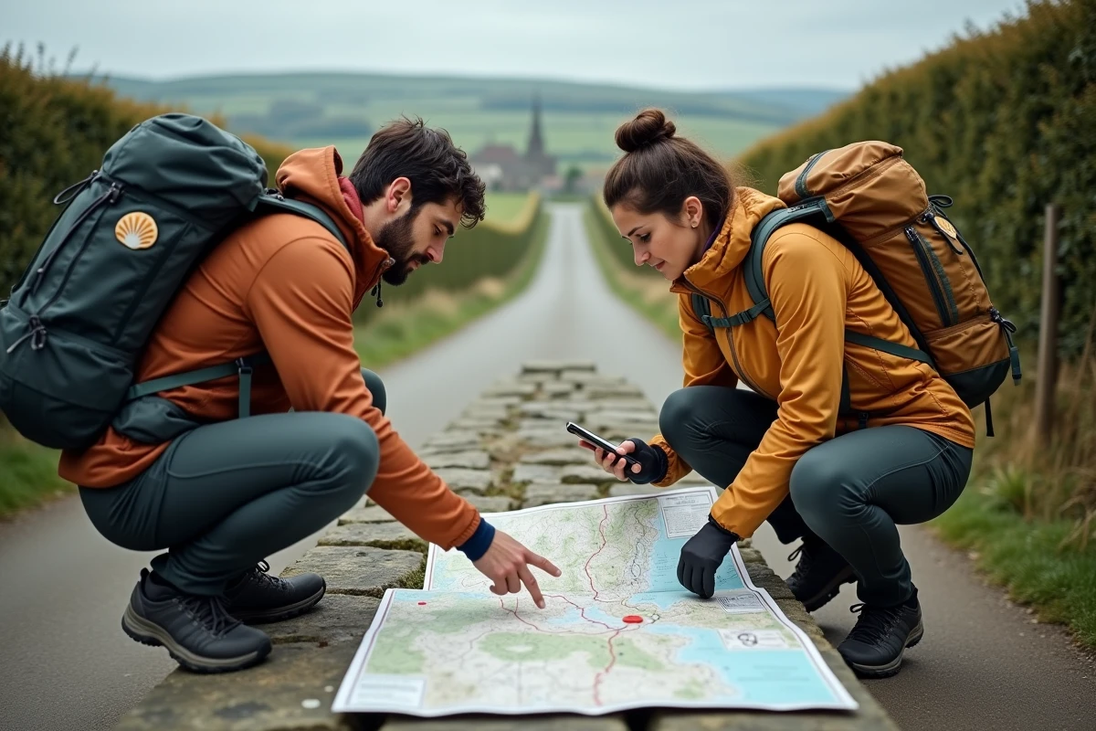 Deux pèlerins corrigeant une erreur de calcul d'itinéraire sur le chemin de Compostelle en Normandie