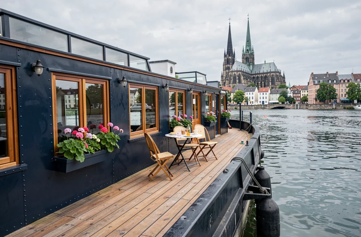 La péniche MaPensée amarrée sur la Moselle à Metz avec la cathédrale gothique visible en arrière-plan