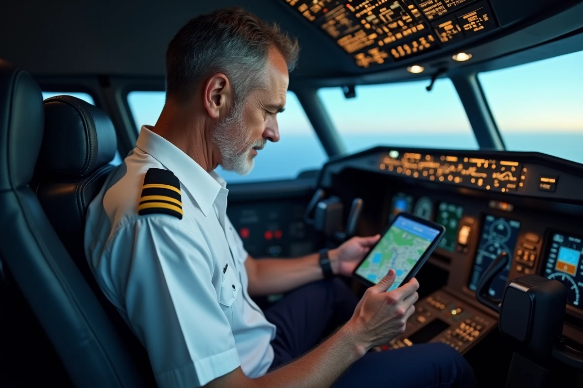 Pilote de ligne aux commandes d'un cockpit lors d'un vol long-courrier Paris-Sydney