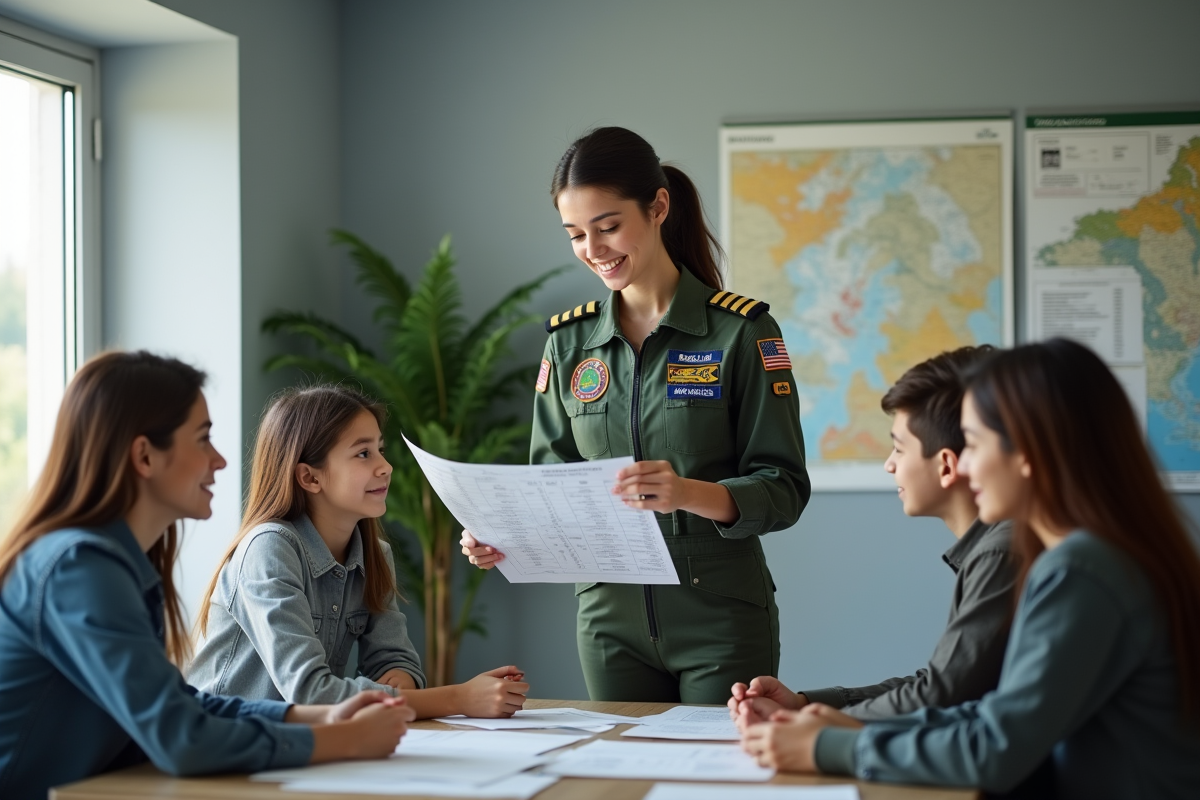 Jeune pilote de helicopter avec famille dans un bureau