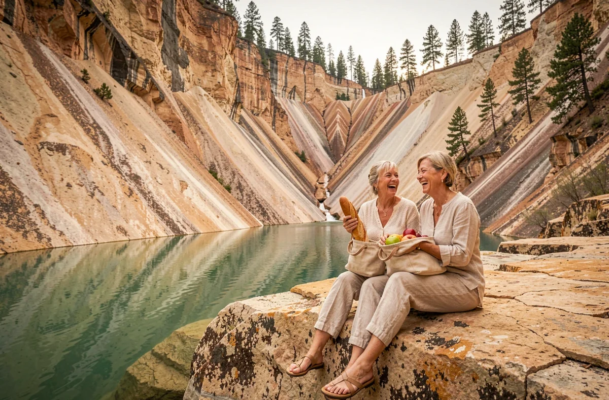 Deux femmes locales pique-niquant au bord d'une vasque naturelle au pied de la cascade de la Vis