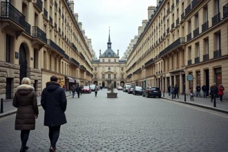 Vue grand angle de la place d'Alésia à Paris avec façades haussmanniennes et passants en automne