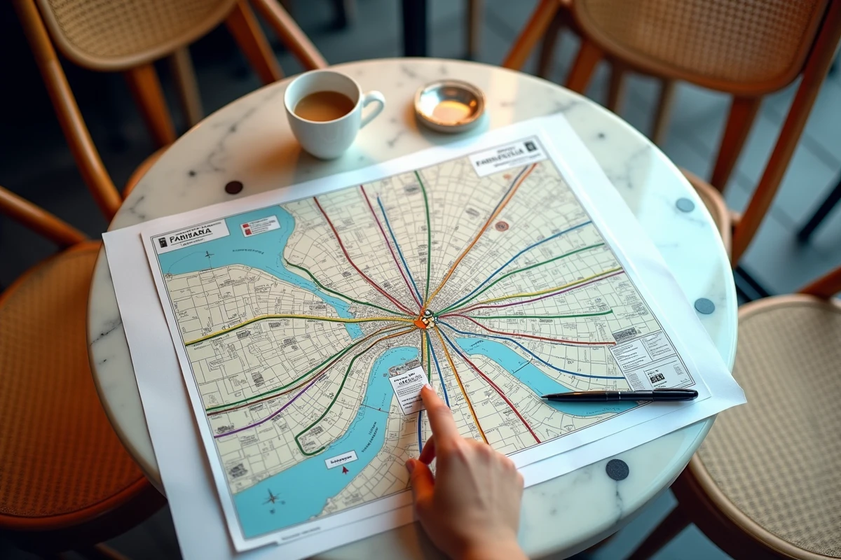 Plan de réseau de bus parisien déplié sur une table de café avec un ticket de métro et un stylo