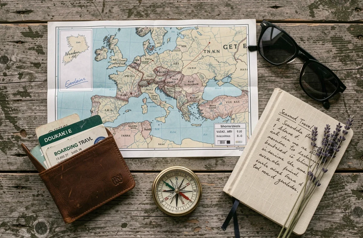Planification d'une croisière en Méditerranée avec carte, documents et accessoires de voyage posés sur une table en bois
