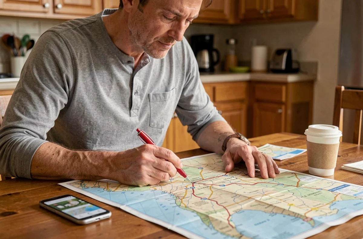 Homme planifiant un trajet routier de Miami à Orlando sur une carte de Floride dépliée sur une table