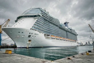 Vue en contre-plongée du plus grand paquebot de croisière du monde à quai dans un port moderne