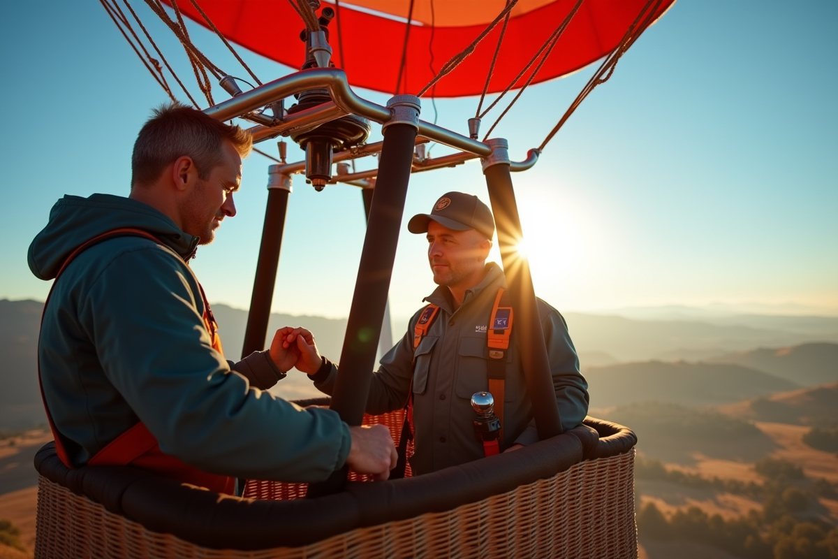 Pilote vérifiant la sécurité du ballon avant vol au lever du soleil