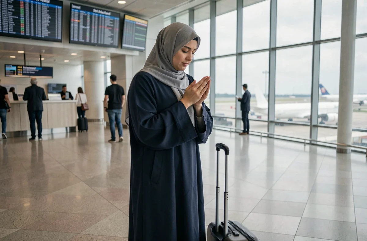 Femme en hijab récitant une prière avant le départ dans un aéroport