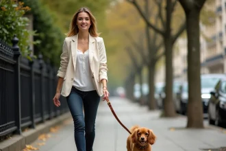 Femme se promenant avec son petit chien Cavalier King Charles en laisse sur un trottoir parisien haussmannien