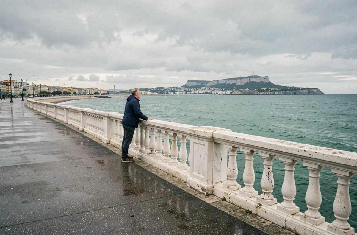 Promenade de la Concha à Saint-Sébastien avec vue panoramique sur la baie et l'île Santa Clara sous un ciel nuageux atlantique