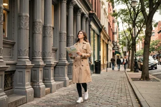 Femme se promenant dans les rues pavées de SoHo à New York devant un immeuble en fonte ornementale