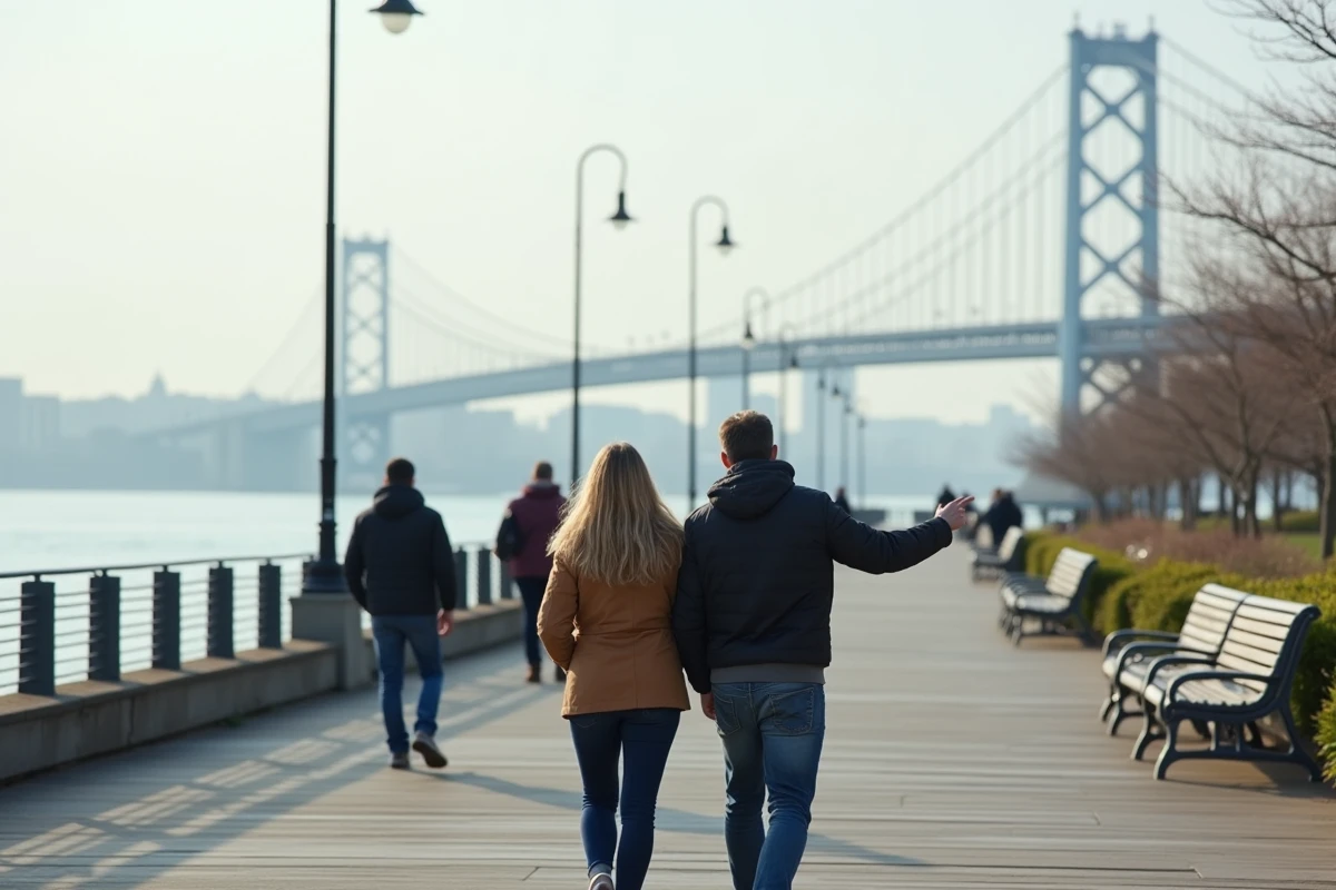 Couple se promenant sur la promenade de St. George à Staten Island avec le pont Verrazano en arrière-plan