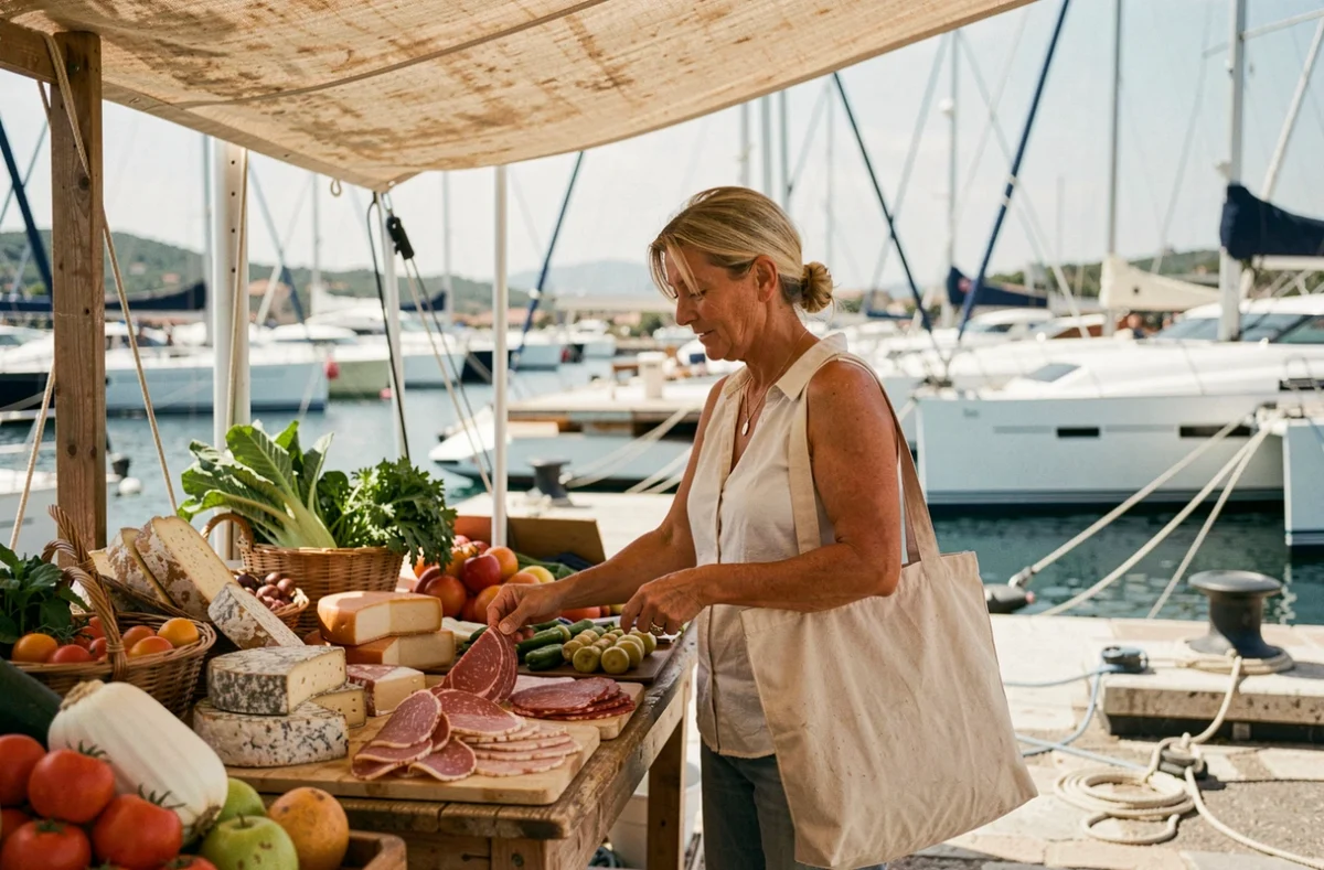 Femme faisant le plein de provisions locales dans un marché de port corse avant une croisière en catamaran