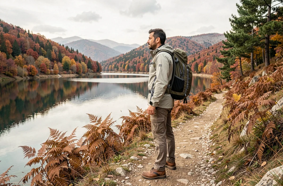 Randonneur solitaire contemplant le lac Doirani en Macédoine grecque lors d'un automne coloré
